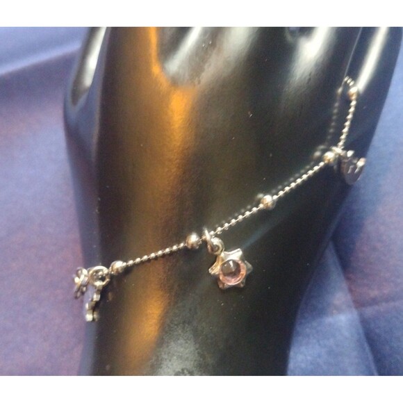Stamped sterling silver charm anklet with pink zirconia accents - Picture 2 of 5